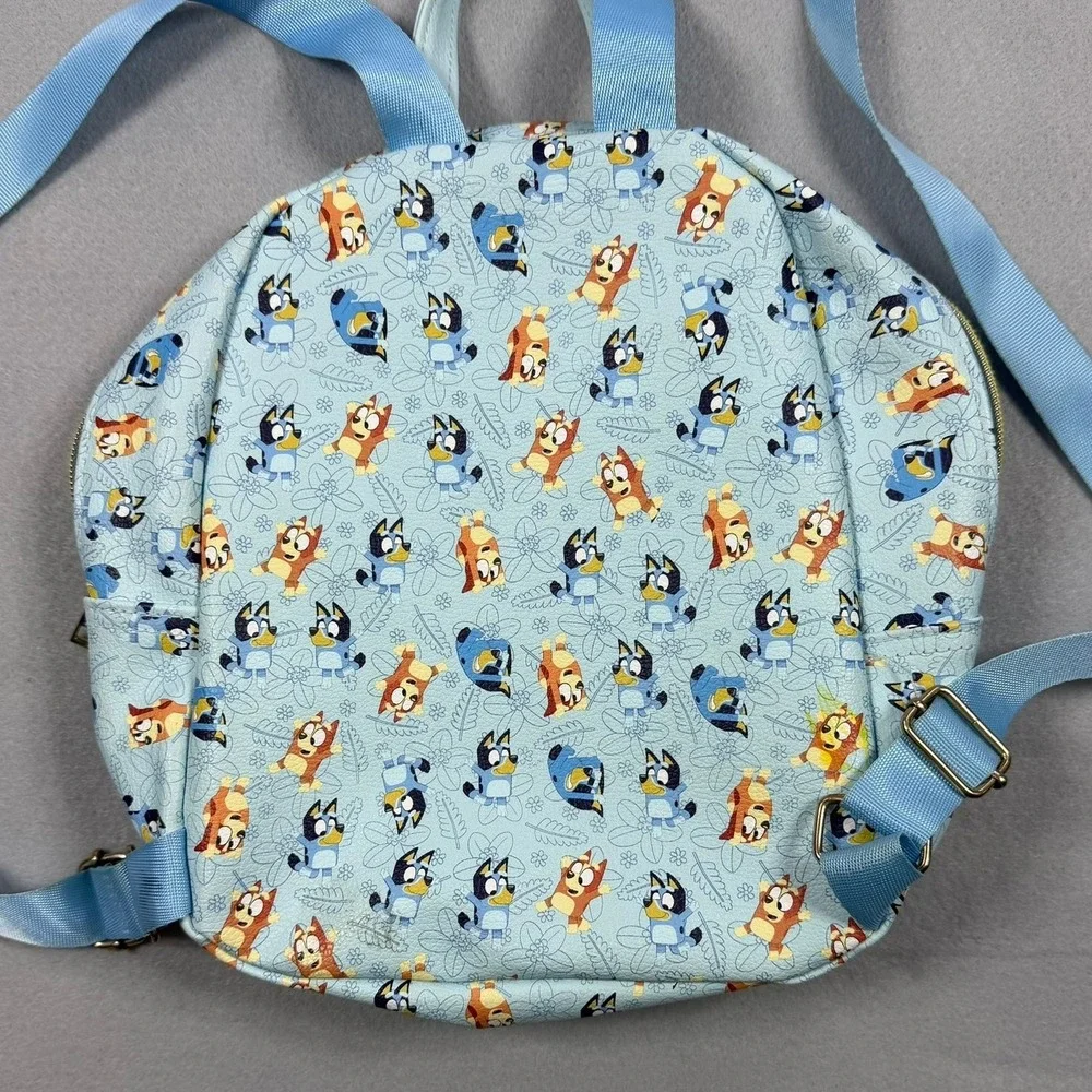 Bluey and Bingo All Over Print Mini Backpack Light Blue Gold Zipper Pocket